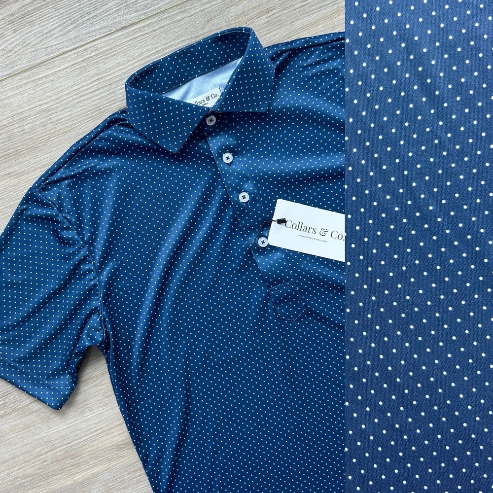 NWT Collars and Co Dress Collar Polo Shirt Men‎ Small Navy Blue White Polka Dot